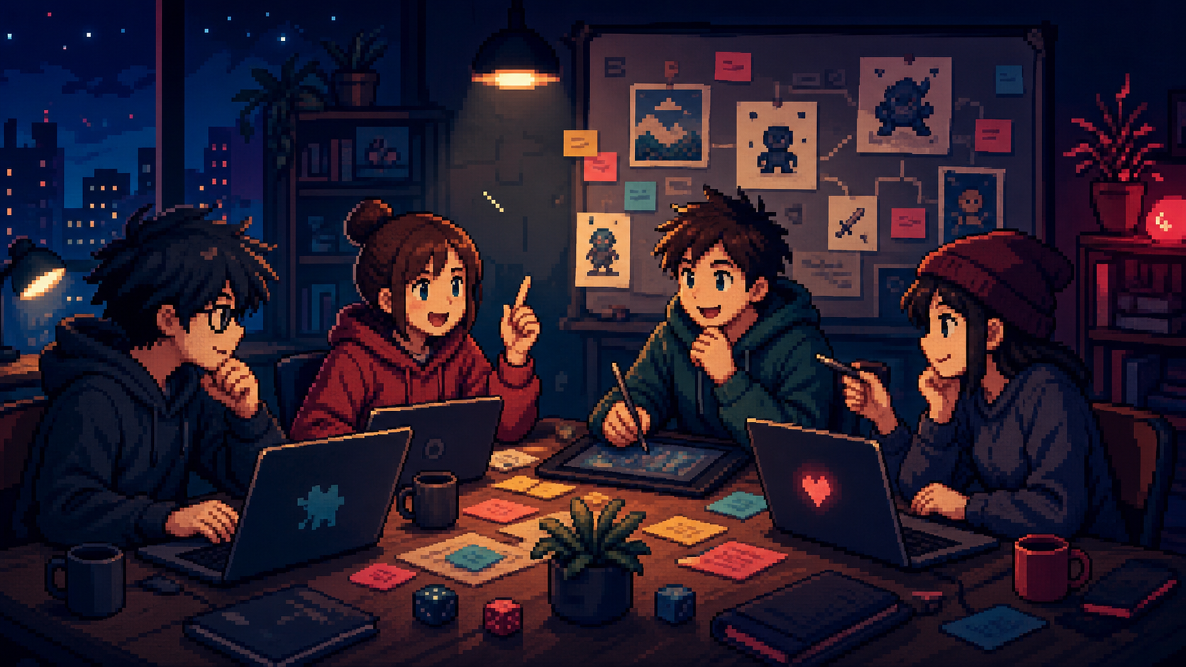 4人のチームがゲームジャムのアイデアを出し合うドット絵風イラスト