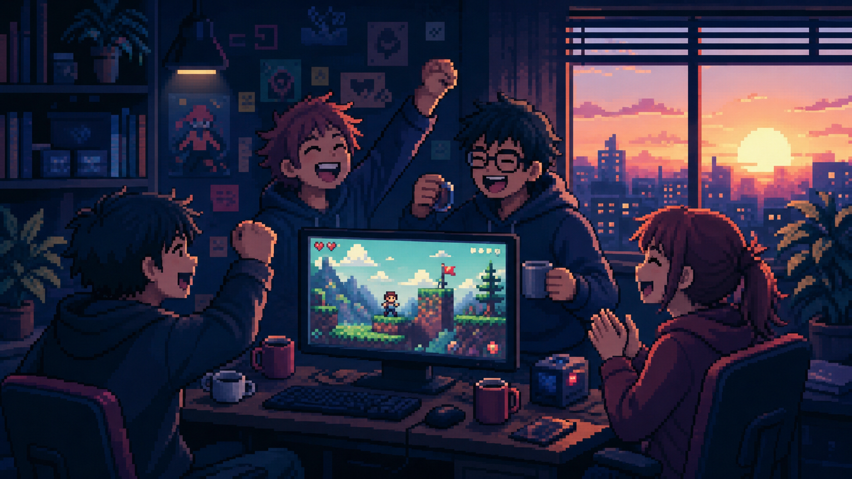 完成したゲームを囲んで4人のチームが喜ぶドット絵風イラスト